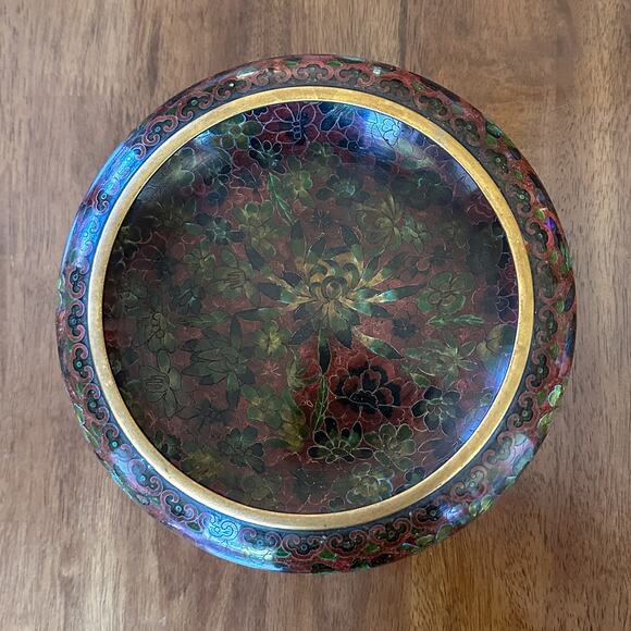 Vintage Chinese Cloisonne Enamel Bowl with Carved Lacquer Wood Stand - Picture 13 of 13